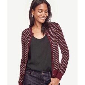 Ann Taylor XS Geometric Jacquard Cardigan Sweater Burgundy Gold Career